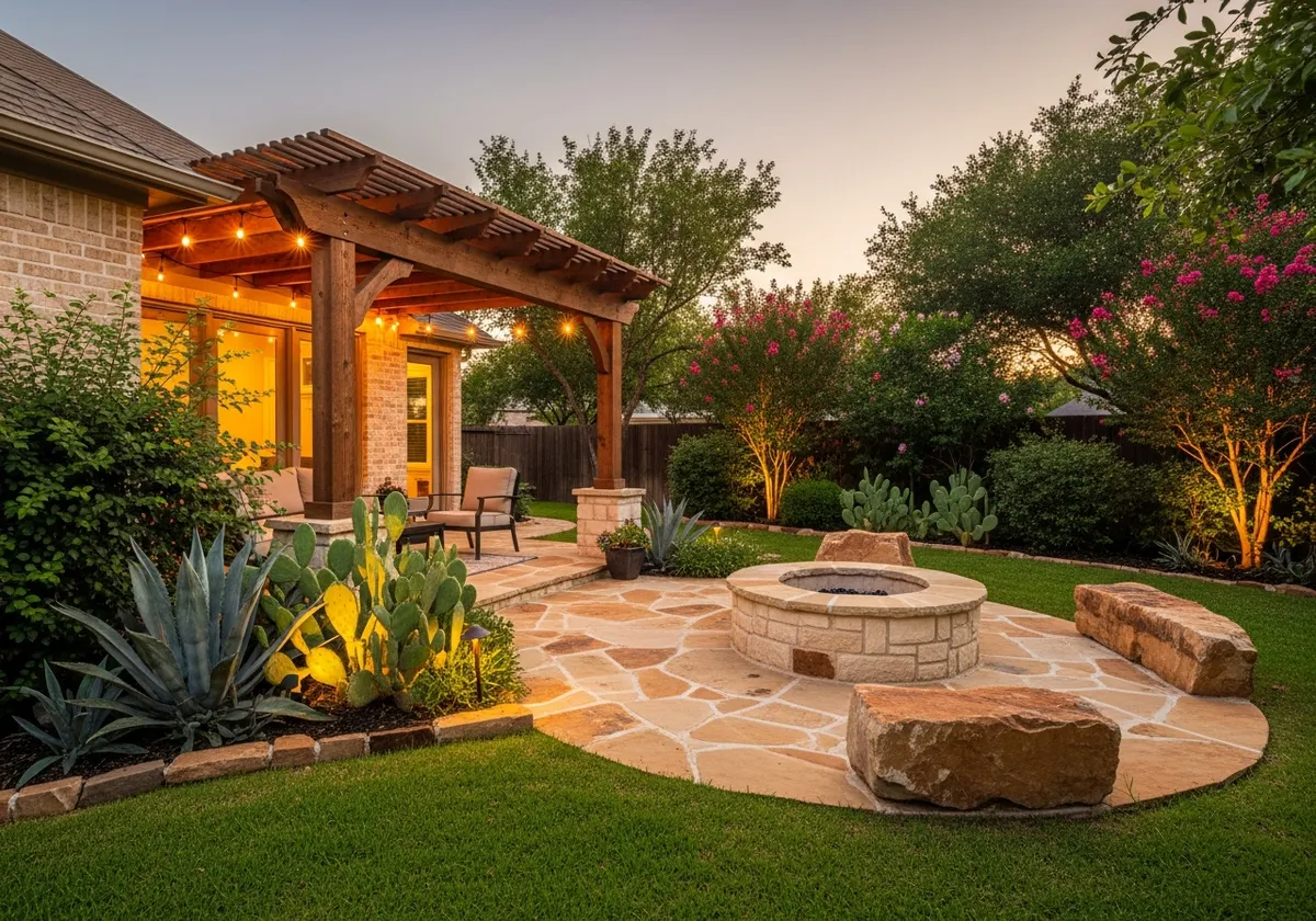 Backyard patio with stone pavers and fire pit — Humble Beginnings Landscaping hardscaping work