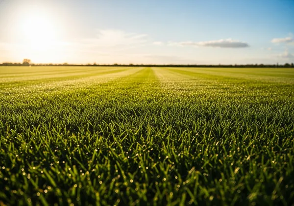 Perfectly mowed green lawn with stripe pattern — professional lawn mowing service in North Texas
